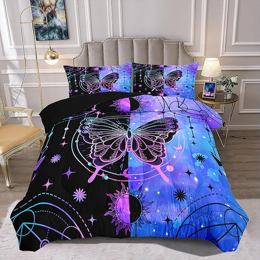 Butterfly Comforter Set for Girls Women, Butterfly Bed Set, Boho Butterflies with Sun and Moon Printed Bedding Sets, Black Blue Butterfly Comforter Set Full Size with 2 Pillowcases