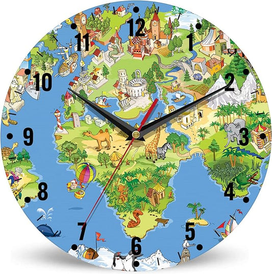 SPUNKER Wall Clock,Animals World Map Kitchen Wall Clock,Cute Landmarks Clocks 10 Inch Silent Non-Ticking Wall Battery Operated for Living Room Bedroom Bathroom Laundry Room Decor