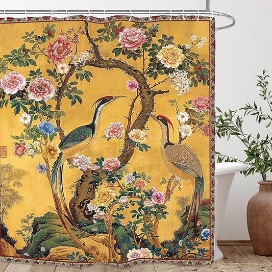 Vintage Flower Shower Curtain 60Wx72L Inch Crane Peony Vintage Retro Chinese Plant Botanical Yellow Bathroom Set Accessories Decor with 12 Pack Hooks
