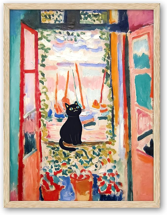 UPWOIGH Beige Oak Wood Framed Wall Art, 12"x16"Matisse The Open Window Cat Print, Cute Black Cat Picture, Henri Matisse Poster, Funny Animal Art for Bedroom Bathroom, 1Pack Gifts