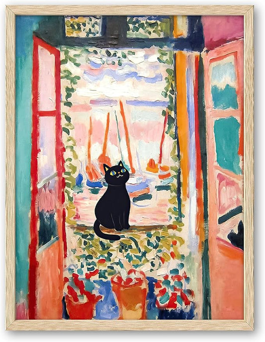 UPWOIGH Beige Oak Wood Framed Wall Art, 12"x16"Matisse The Open Window Cat Print, Cute Black Cat Picture, Henri Matisse Poster, Funny Animal Art for Bedroom Bathroom, 1Pack Gifts