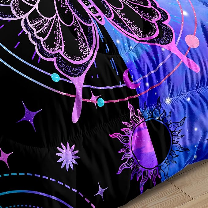 Butterfly Comforter Set for Girls Women, Butterfly Bed Set, Boho Butterflies with Sun and Moon Printed Bedding Sets, Black Blue Butterfly Comforter Set Full Size with 2 Pillowcases