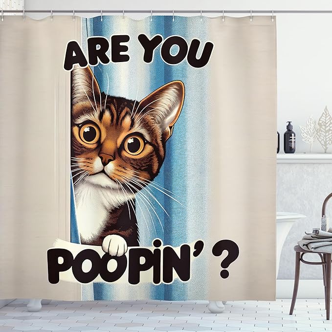 Ambesonne Cat Shower Curtain, Vintage Curious Brown Kitten with are You Poopin' Writing Joke Humor Themed, Cloth Fabric Bathroom Decor Set with Hooks, 69" W x 84" L, Blue Coconut Chocolate