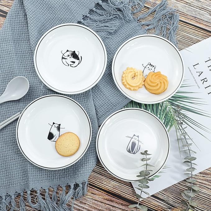 WAIT FLY 5 Inches Funny Dog and Cat Pattern with Brush Strokes Ceramics Seasoning Dishes/Tea Bag Holders/Ketchup Saucer/Appetizer Plates/Seasoning Dipping Bowls, Set of 4