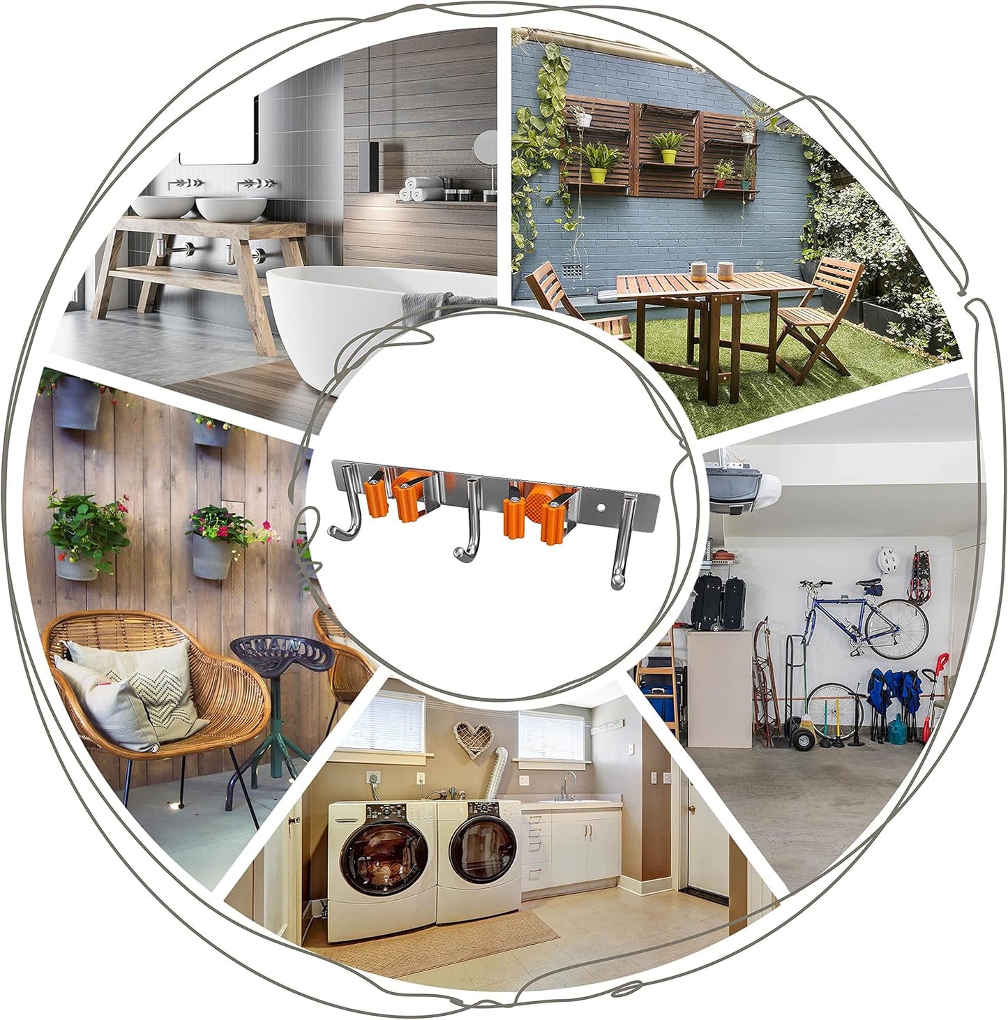 Heavy Duty Broom and Mop Holder Wall Mounted with 2 Rubber Grip Slots & 3 Utility Hooks – SUS304 Stainless Steel, Waterproof, Self Adhesive or Drill Mount, for Garage, Laundry, Kitchen & Closet Use