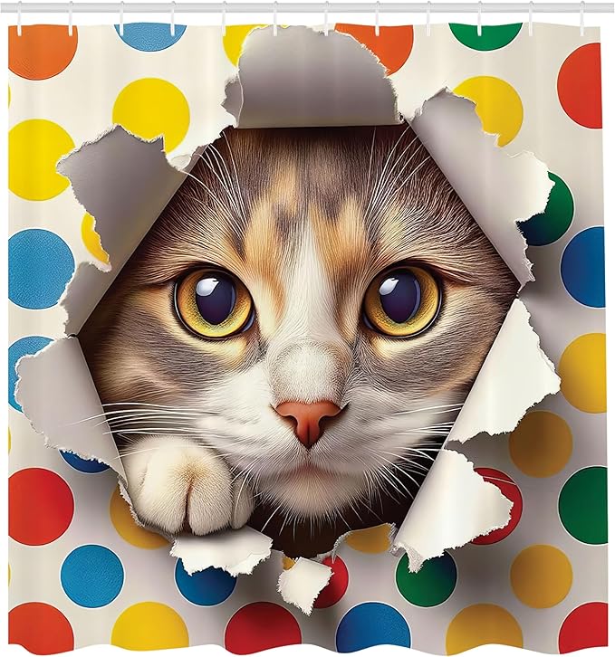 Ambesonne Cat Shower Curtain, Funny and Mischievous Kitty Peaking Through a Torn with Colorful Polka Dots Print, Cloth Fabric Bathroom Decor Set with Hooks, 69" W x 70" L, Multicolor