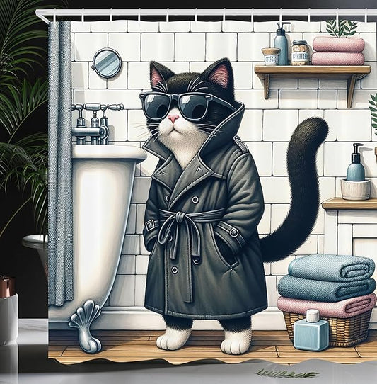 Ambesonne Cat Shower Curtain, Mysterious Detective Kitty Character in Bathroom with Sunglasses Classic Coat, Cloth Fabric Bathroom Decor Set with Hooks, 69" W x 75" L, Charcoal Grey White
