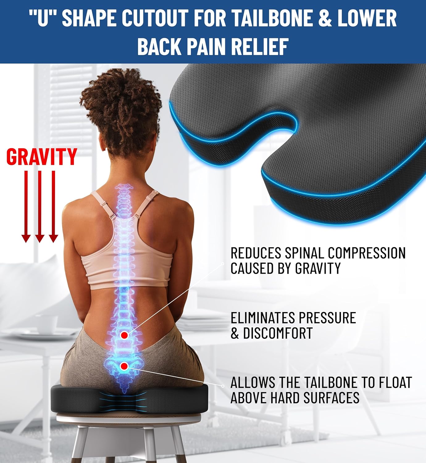 Everlasting Comfort Doctor Recommended Gel Memory Foam Seat Cushion for Office Chairs & Car Seat - Ergonomic Office Desk Accessories for Tailbone Pain Relief, Sciatica & Back Support