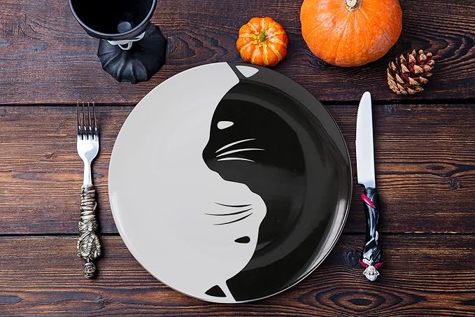 Black and White Cat Porcelain Plate Set, Best Gift For Cat Lover (10.5-inch dinner plate set)