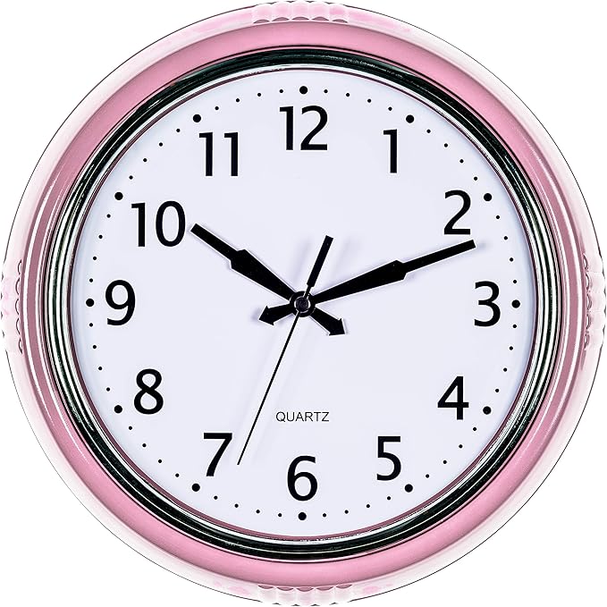 Bernhard Products Retro Wall Clock 9.5 Inch Pink Kitchen 50's Vintage Design Round Silent Non Ticking Battery Operated Quality Quartz for Home Office Baby Nursery Girls Room Classroom, Easy to Read