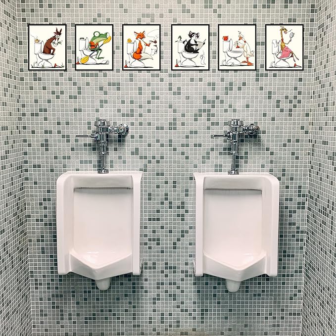 Bathroom Wall Art Animal Prints Toilet Decor Set of 6 Canvas Posters Cute Pictures Photos Bathroom Artwork Wall Colourful Funny Fox Cat Frog Goose Giraffe Horse in Toilet Illustration Wall Decor for