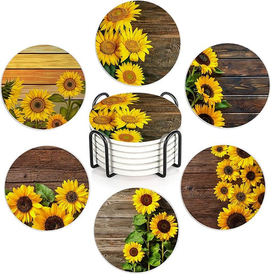 Table Coaster for Drinks Set of 6, Vintage Sunflower Wood Round Ceramic Coasters,with Cork Base and Metal Holder,Great Housewarming Birthday Gifts,Home Decor