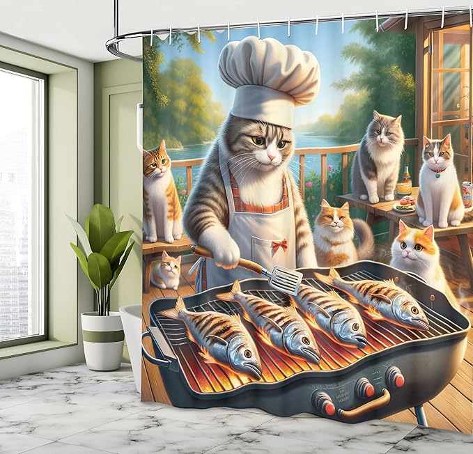 Ambesonne Cat Shower Curtain, Funny BBQ Themed Chef Kitty Grilling Fish for Pals Whimsical Backyard Barbecue Scene, Cloth Fabric Bathroom Decor Set with Hooks, 69" W x 84" L, Green Orange