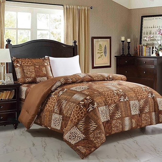 WPM 2 Piece Animal Print Comforter with Pillow Sham, Chocolate Brown Leopard Zebra Giraffe Jungle Forest Theme Design Twin Size Bedding- Safari (Brown, Twin)