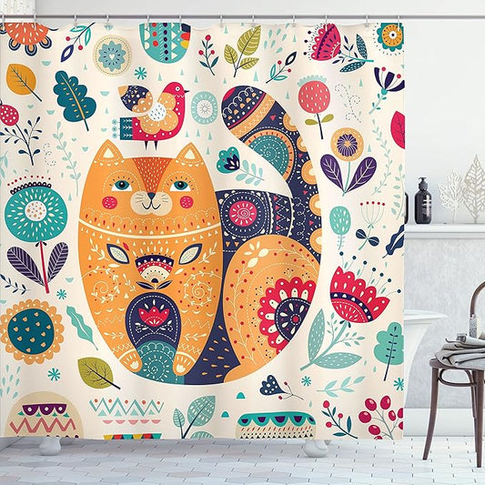 Ambesonne Paisley Shower Curtain, Little Smiling Cheek Animal Cat Various Oriental Leaf Flower Art, Cloth Fabric Bathroom Decor Set with Hooks, 69" W x 70" L, Eggshell Multicolor