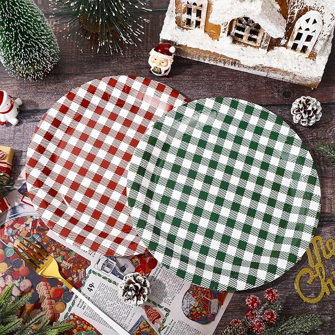 Whaline Merry Christmas Paper Plate Gingham Plaid Disposable Plate 9 Inch Red Green Checkered Dinner Dessert Plate For Xmas Winter Party Supplies Table Decor, 40Pcs