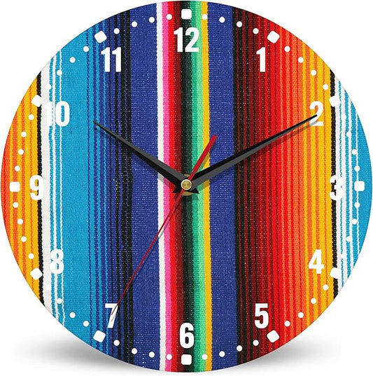 SPUNKER Wall Clocks,Colorful Mexican Wall Clocks for Living Room Decor,Stripes Lines Art Kitchen Clocks Wall Battery Operated - 10 Inch Round Bathroom Wall Clock Silent Non-Ticking