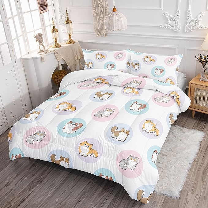 White Kawaii Cat Comforter Bedding Set for Girls Kitten White Print Cute Animal Pattern Bedding Set with 1 Comforter and 2 Pillowcases for Girls Bedroom All Season(Cat White Full)