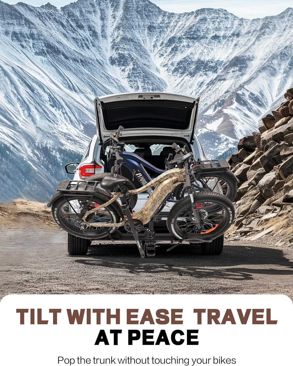 Rockland Foldable 2-Ebike Rack, 200 lbs Capacity, Hitch Mount Electric Bike Rack, Fits up to 5" Fat Tire Width and 50" Wheelbase, Ebike Carrier Rack for 2" Receiver for Cars SUVs Vans RVs