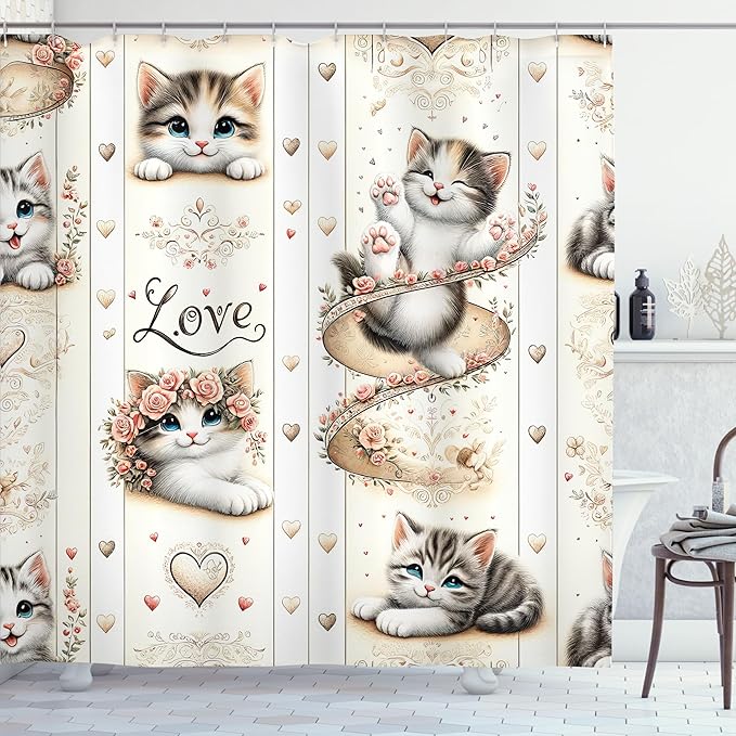 Ambesonne Cat Shower Curtain, Vintage Themed Pattern with Smiling Blue Eyed Kittens Love Hearts Nostalgia, Cloth Fabric Bathroom Decor Set with Hooks, 69" W x 70" L, Ivory Pale Brown Grey