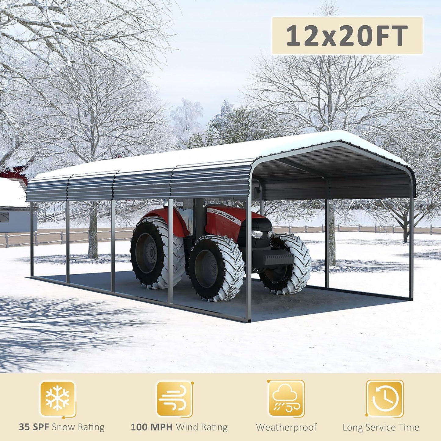 12x20 FT Outdoor Carport with Metal Roof, Heavy Duty Metal Carport Canopy, Garage Car Shelter Shade for Car, Truck, Boat, Gray
