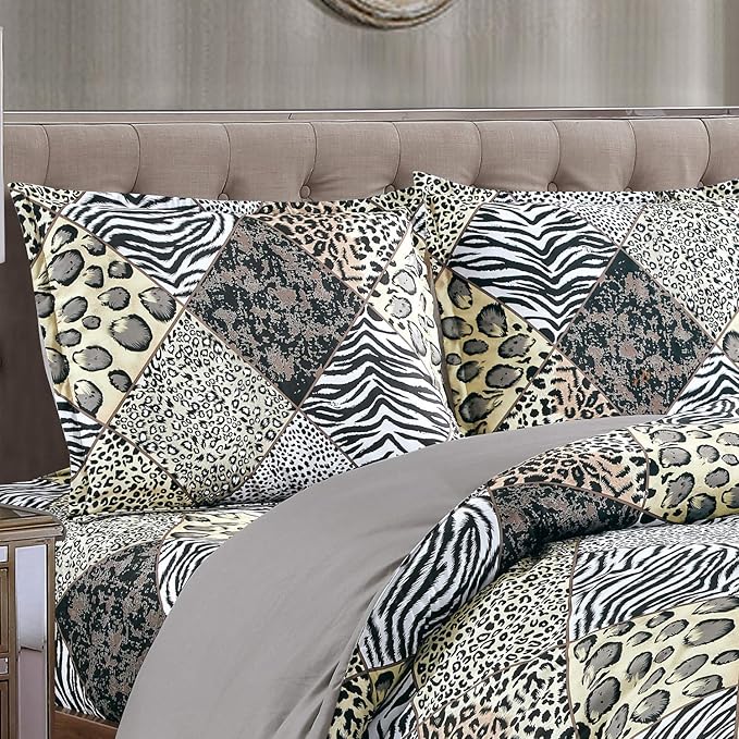 WPM WORLD PRODUCTS MART 3 Piece Animal Print Comforter with Pillow Sham, Black White Grey Leopard Zebra Giraffe Jungle Forest Theme Design King Size Bedding- Safari (Black, King)