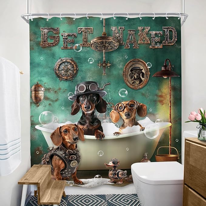 SVBright Funny Dachshund Shower Curtain 60Wx72L Inch Kids Cute Dog Puppy Bathing in Bathtub Vintage Animal Hilarious Cool Pet Boy 12 Pack Hooks Polyester Waterproof Fabric Bathroom Bathtub Panels