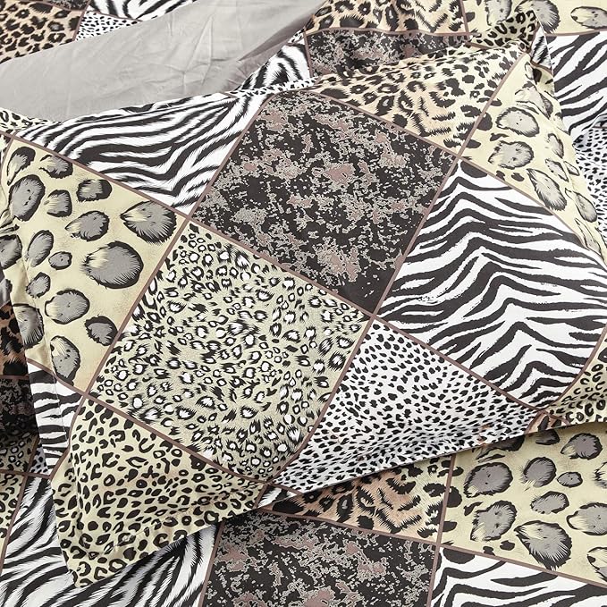 WPM WORLD PRODUCTS MART 3 Piece Animal Print Comforter with Pillow Sham, Black White Grey Leopard Zebra Giraffe Jungle Forest Theme Design King Size Bedding- Safari (Black, King)