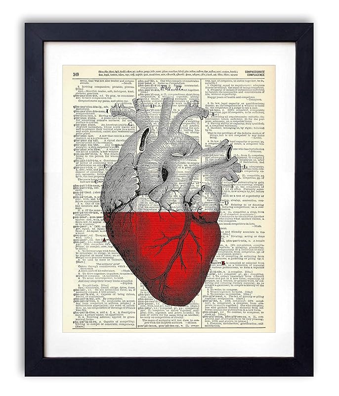 Vintage Anatomy Illustration Art, Dictionary Print, Antique Wall Art Home Decor, Modern Boho, Medical Posters, Farmhouse Decoration 8x10 Inches, Ready To Frame (Heart Half Full)