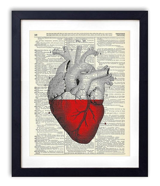 Vintage Anatomy Illustration Art, Dictionary Print, Antique Wall Art Home Decor, Modern Boho, Medical Posters, Farmhouse Decoration 8x10 Inches, Ready To Frame (Heart Half Full)