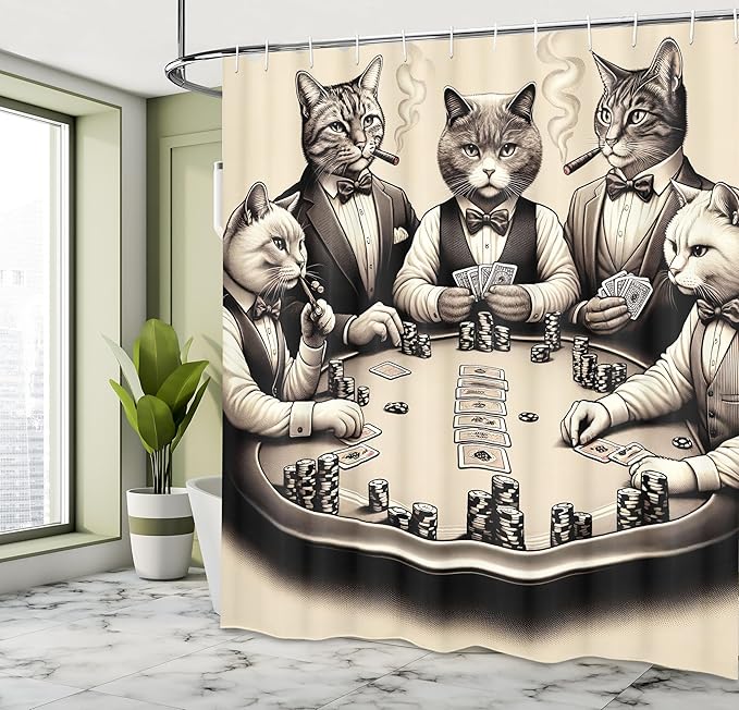 Ambesonne Cat Shower Curtain, Vintage Gentleman Kitties Playing Poker Monochrome Effect Gambling Table Print, Cloth Fabric Bathroom Decor Set with Hooks, 69" W x 70" L, Ivory Dark Taupe