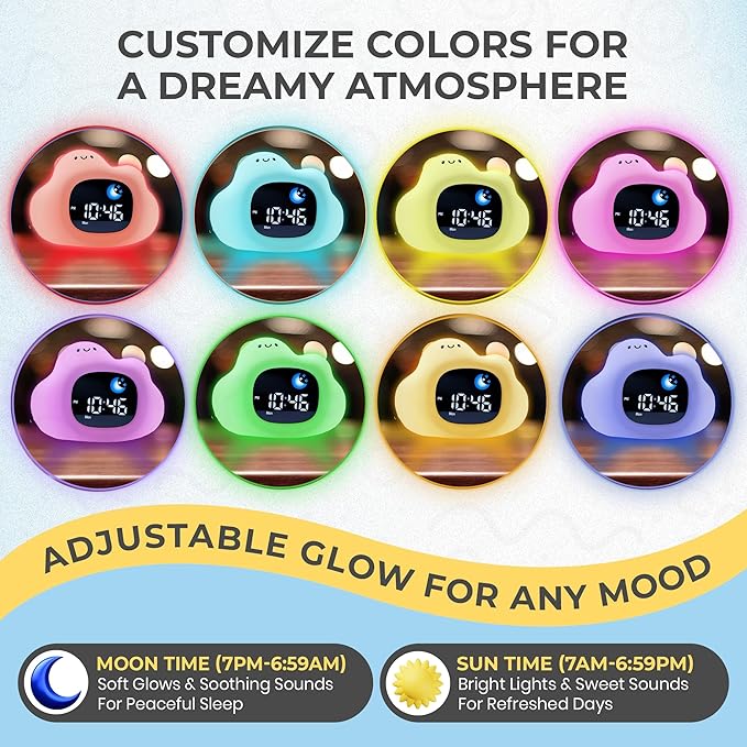 Bumble & Bright Okay to Wake Clock for Kids - Adorable Cloud Design, Portable Nightlight, Soothing Sleep Aid, Kids Alarm Clock OK to Wake, 8 Color Options, Easy Display, Ideal for Parents
