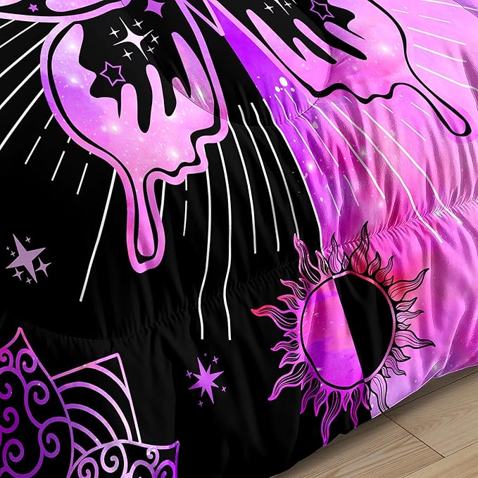 Butterfly Comforter Set for Girls Women, Butterfly Bed Set, Boho Butterflies with Sun and Moon Printed Bedding Sets, Black Purple Butterfly Comforter Set Full Size with 2 Pillowcases
