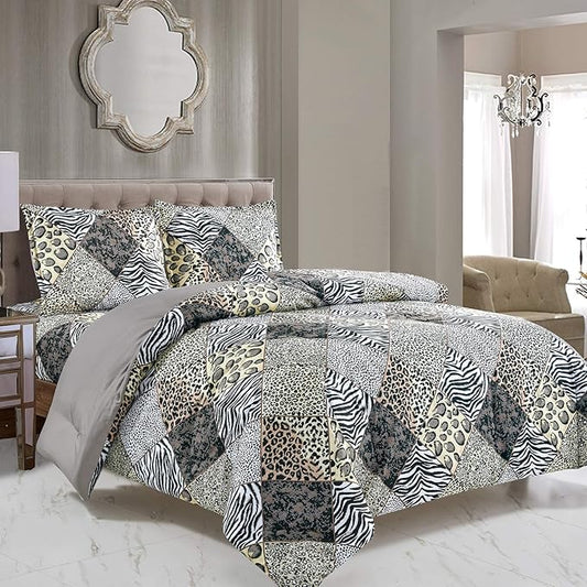 WPM WORLD PRODUCTS MART 3 Piece Animal Print Comforter with Pillow Sham, Black White Grey Leopard Zebra Giraffe Jungle Forest Theme Design King Size Bedding- Safari (Black, King)
