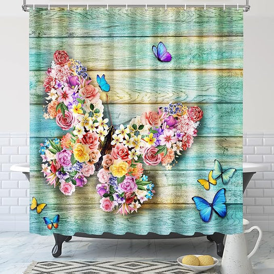 Vimorco Butterfly Shower Curtain, Flower Shower Curtains for Bathroom with Hook, Waterproof Quick-Dry Polyester Fabric Shower Curtain, Machine Washable Floral Bathroom Set, Bath Curtain Decorative
