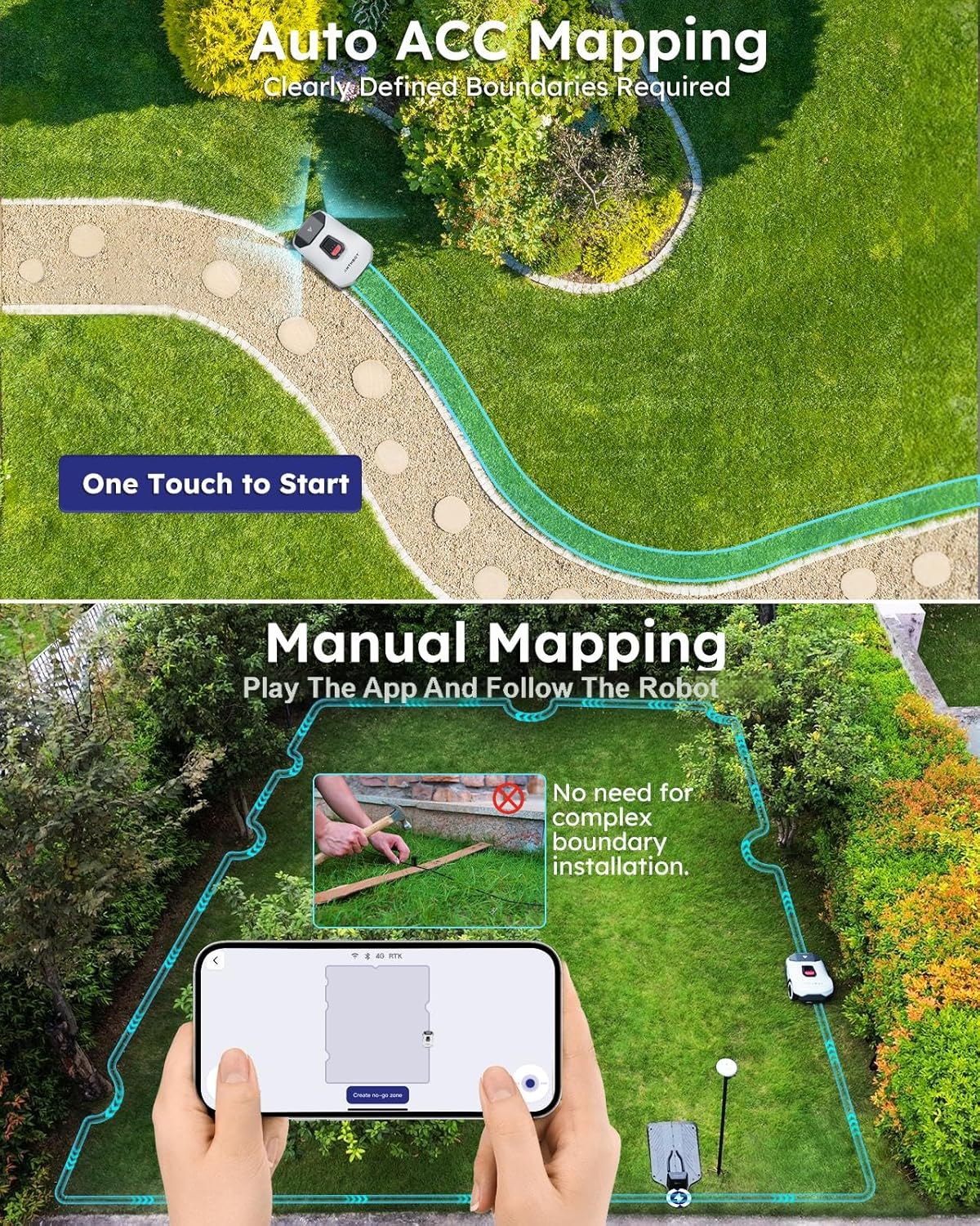 Genie600 Robot Lawn Mower - NO Wire, Full Band RTK+4-Eye Vision Robotic Lawnmower for 0.23 Acre, Auto Mapping, Multi-Zone Management, Accurate Obstacle Avoidance, Intelligent Path Planning