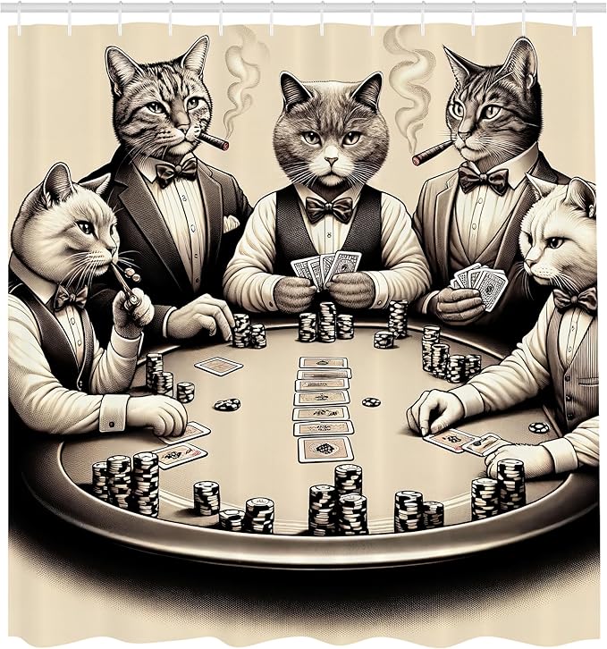Ambesonne Cat Shower Curtain, Vintage Gentleman Kitties Playing Poker Monochrome Effect Gambling Table Print, Cloth Fabric Bathroom Decor Set with Hooks, 69" W x 75" L, Ivory Dark Taupe