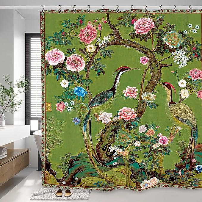 Vintage Flower Shower Curtain 60Wx72L Inch Crane Peony Vintage Retro Chinese Plant Botanical Green Blossom Japanese Art Bathroom Set Accessories Decor with 12 Pack Hooks