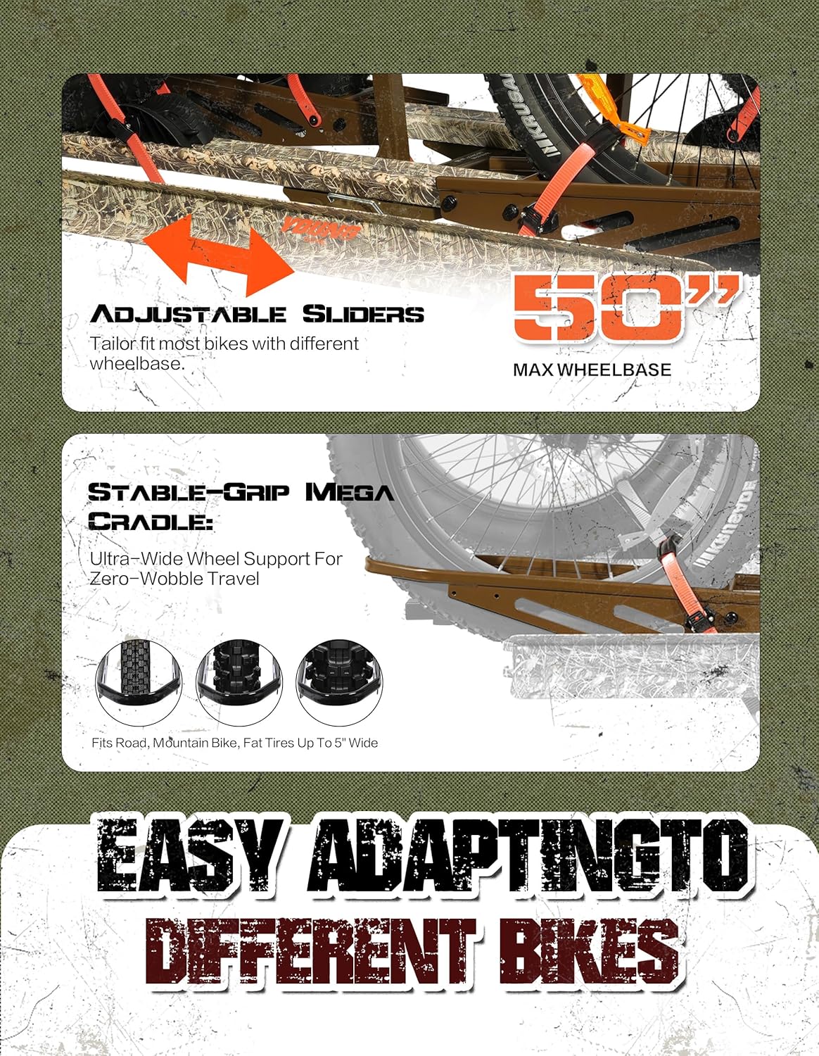 Young Hitch Bike Rack for 2 E-Bikes, Heavy Duty Platform Carrier, 200lbs Capacity, Foldable, Fat Tire, Electric Bike, Hitch Mount, SUV, Truck, RV, Car, 2" Receiver, Anti-Wobble, Camo