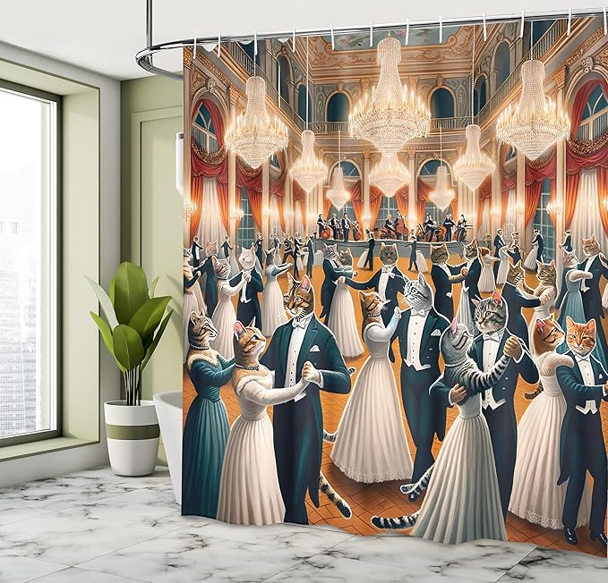 Ambesonne Cat Shower Curtain, Classic Ballroom with Waltz Dancing Kitty Couples in Formal Clothes Print, Cloth Fabric Bathroom Decor Set with Hooks, 69" W x 75" L, Petrol Blue and Orange