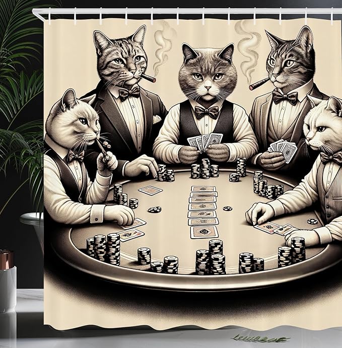 Ambesonne Cat Shower Curtain, Vintage Gentleman Kitties Playing Poker Monochrome Effect Gambling Table Print, Cloth Fabric Bathroom Decor Set with Hooks, 69" W x 75" L, Ivory Dark Taupe
