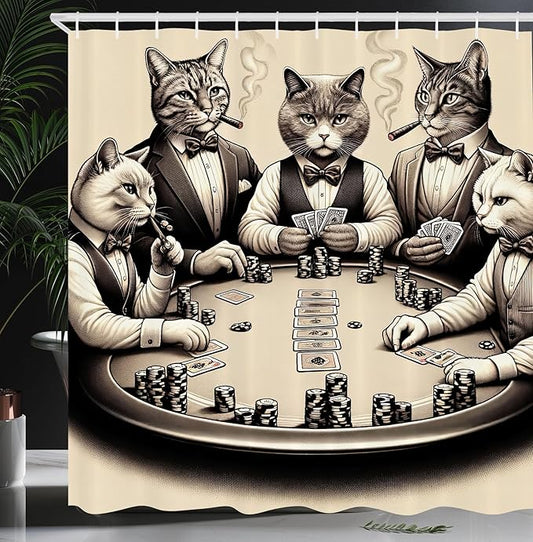 Ambesonne Cat Shower Curtain, Vintage Gentleman Kitties Playing Poker Monochrome Effect Gambling Table Print, Cloth Fabric Bathroom Decor Set with Hooks, 69" W x 75" L, Ivory Dark Taupe