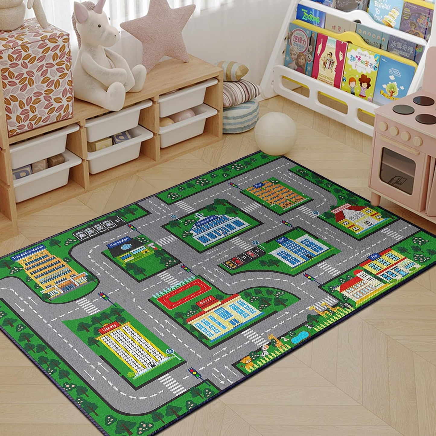Fun Car Play Area Carpet Car Mat 2x3 Play Rug for Playroom Town City Road Map for Boys Bedroom Non-Slip Washable