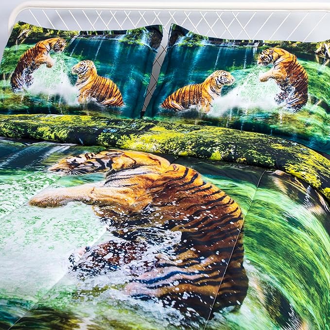 Tiger Print Comforter Set Full Size 3D Animal Print Comforter Bedding Set for Kids Boys Girls Teens Room with 1 Comforter and 2 Pillowcases All Season