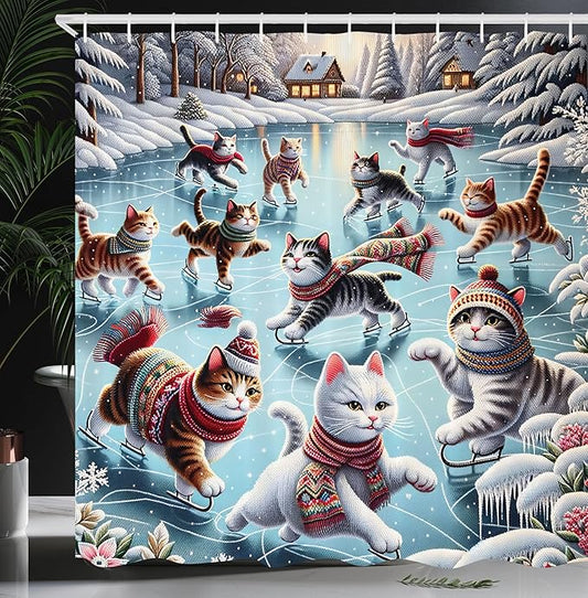 Ambesonne Cat Shower Curtain, Cozy Winter Woodland Scene with Cottages and Ice Skating Kitties Snow Fun, Cloth Fabric Bathroom Decor Set with Hooks, 69" W x 84" L, Soft Blue Burnt Orange