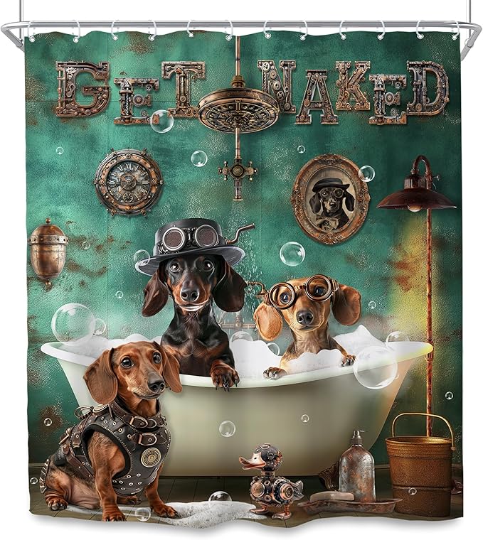 SVBright Funny Dachshund Shower Curtain 60Wx72L Inch Kids Cute Dog Puppy Bathing in Bathtub Vintage Animal Hilarious Cool Pet Boy 12 Pack Hooks Polyester Waterproof Fabric Bathroom Bathtub Panels