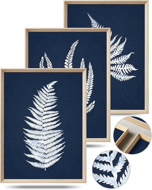 UPWOIGH Wood Framed Wall Art, Minimalist 12x16in Botanical Wall Decor, Fern Plants Framed Prints, White Leafs Tropical Plants,Blue Naval Background High-Frame Process,Bedroom,Set of 3