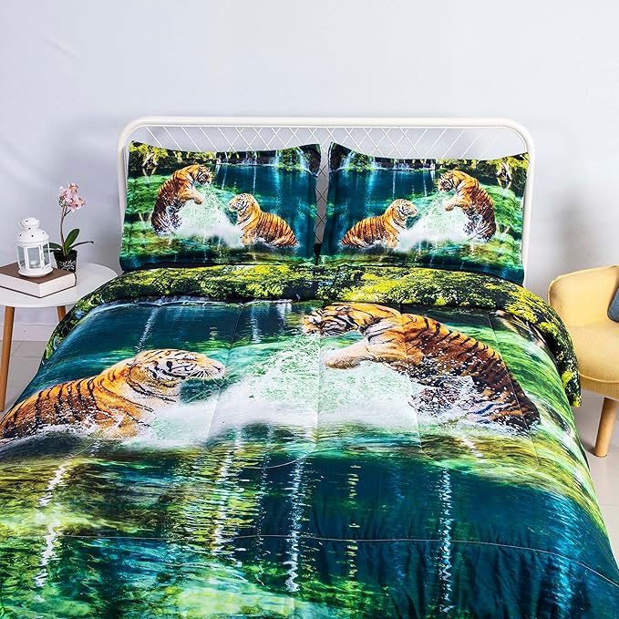 Tiger Print Comforter Sets Blanket Twin Size, 3D Animal Bedding Set for Kids Boys Girls Teens Room All-Season Reversible Quilted Duvet