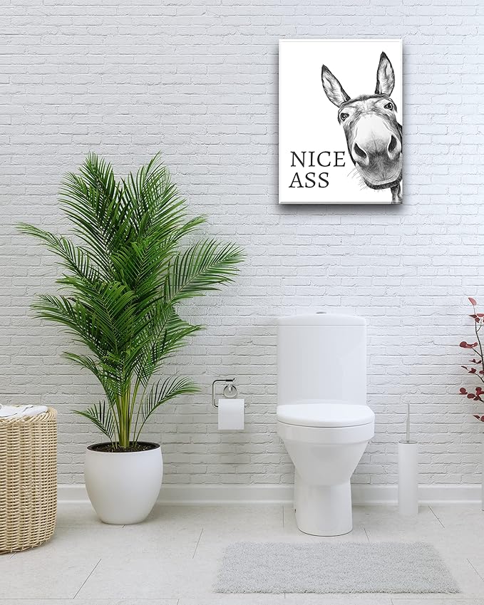 UPWOIGH Funny Bathroom Wall Art Decor, Black and White Donkey Wall Art, Waterproof Wood Framed Canvas Wall Art Animals Abstract Prints, 12x16in High-end Pictures for Dormitory Kids Room 1 Pack
