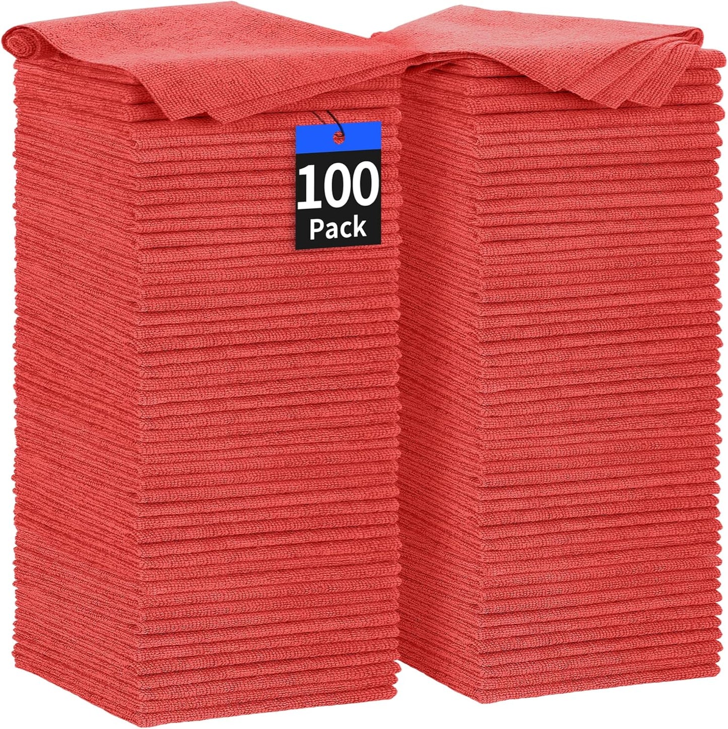 HOMERHYME Shop Towels Rags, 100 Pack Microfiber Cleaning Cloth Bulk Absorbent Detailing Rags, Lint-Free Microfiber Towels for Cars, Mechanic, Shop, Garage & Housekeeping 11.5"*11.5" Red